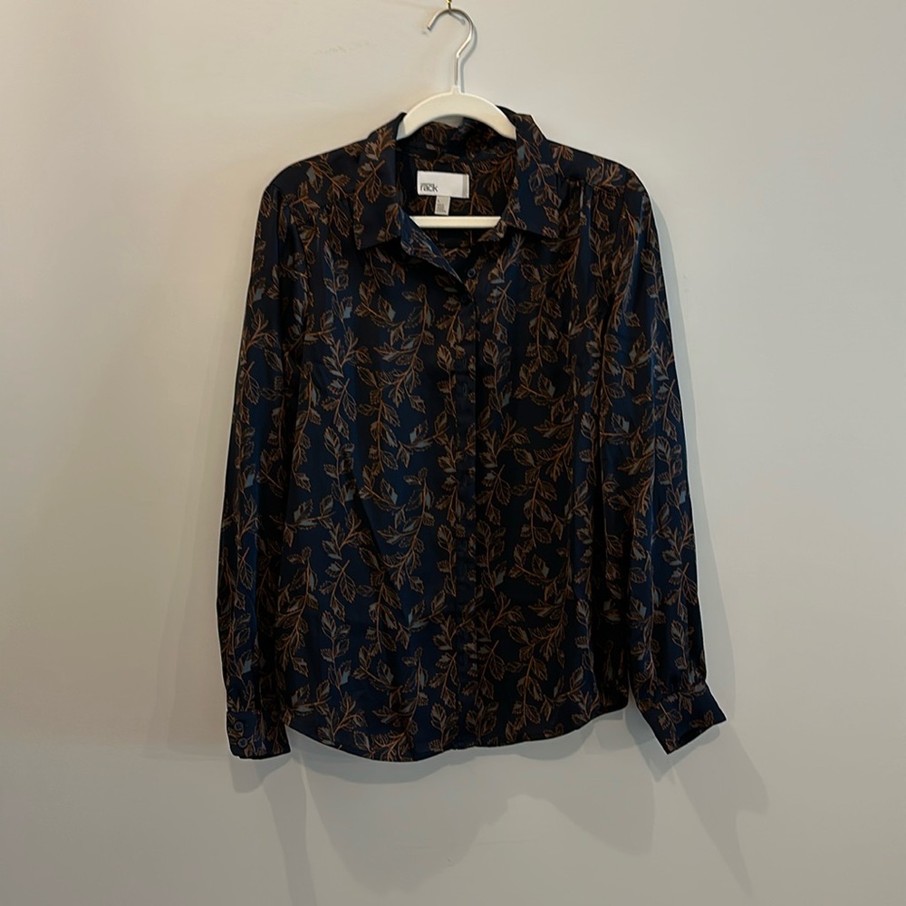 Nordstrom Navy Button-Down Shirt with Brown Leaf Print